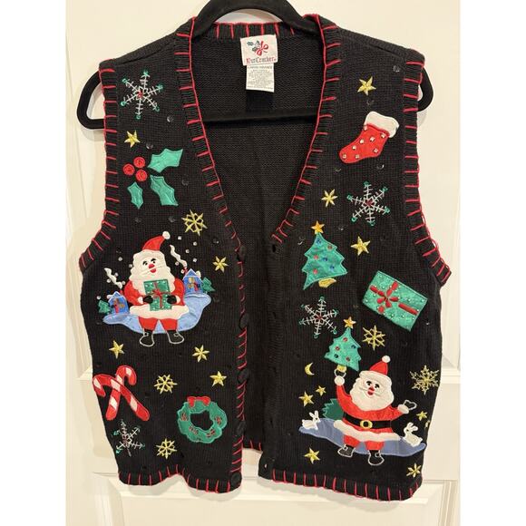 VTG Nutcracker Black Christmas Sweater Vest Buttoned Size Large Santa Candy Cane - Picture 1 of 10